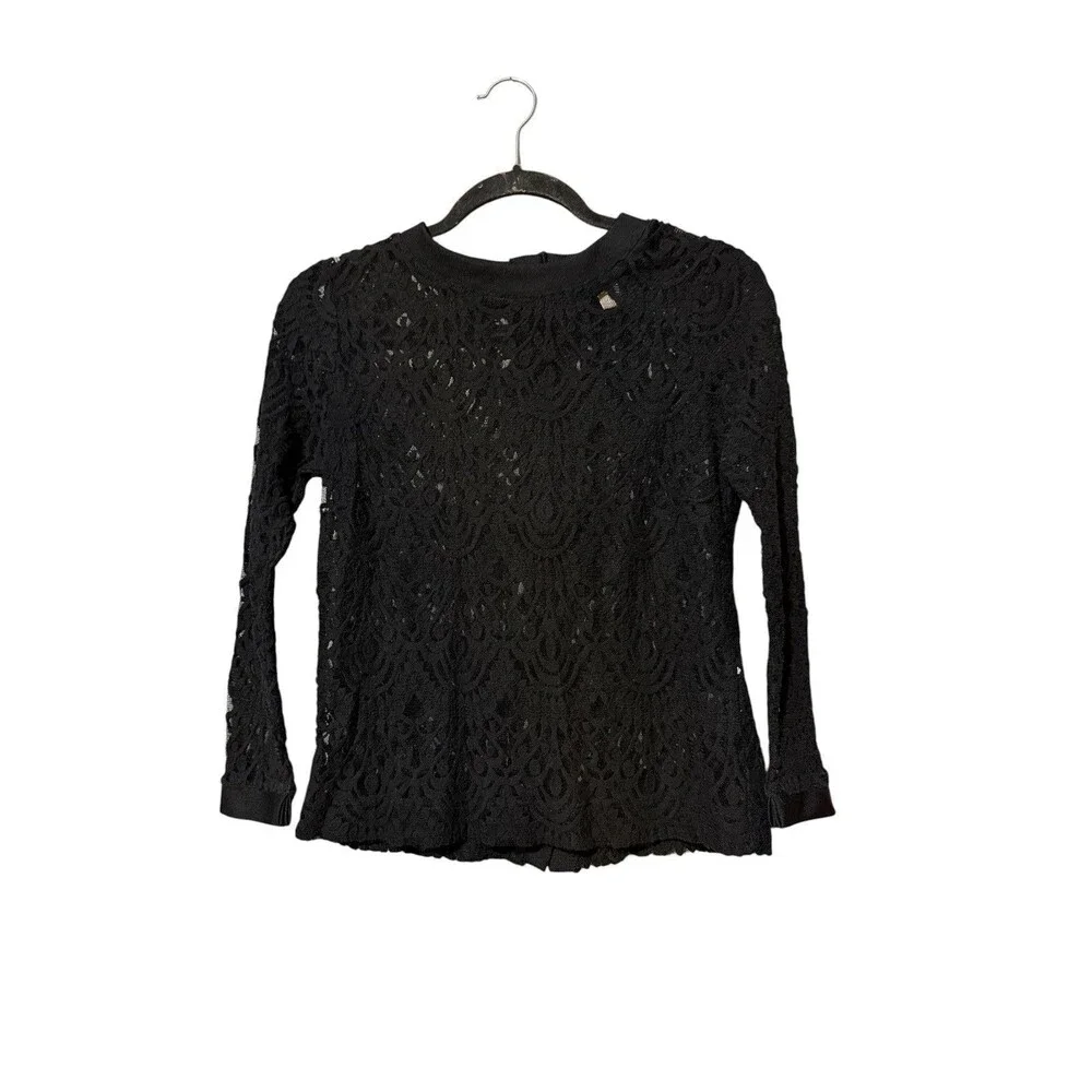 Banana Republic Lace Knit Top Black Sheer Long Sleeve Small